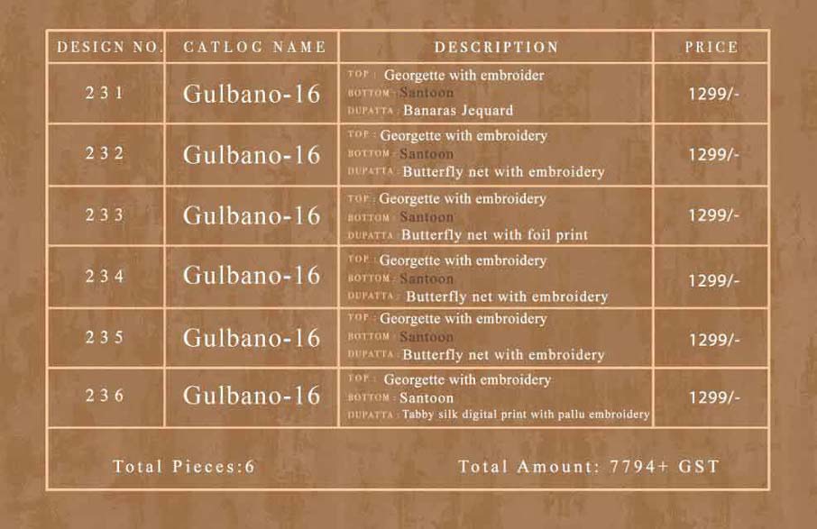 Deepsy Gulbano Vol 16 Georgette 231-236 Series Suit Deepsy Gulbano Vol 16 Georgette 231-236 Series Suit